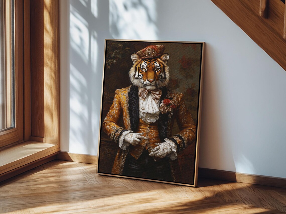 Dapper Tiger Gentleman Portrait Gold Brocade Suit Whimsical Animal Wall Art - Image 3