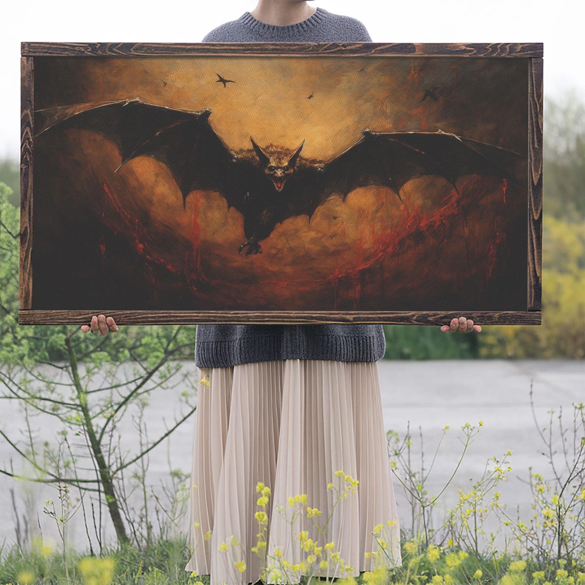 Giant Vampire Bat With Wings Spread Against Fiery Night Sky Poster - Image 2