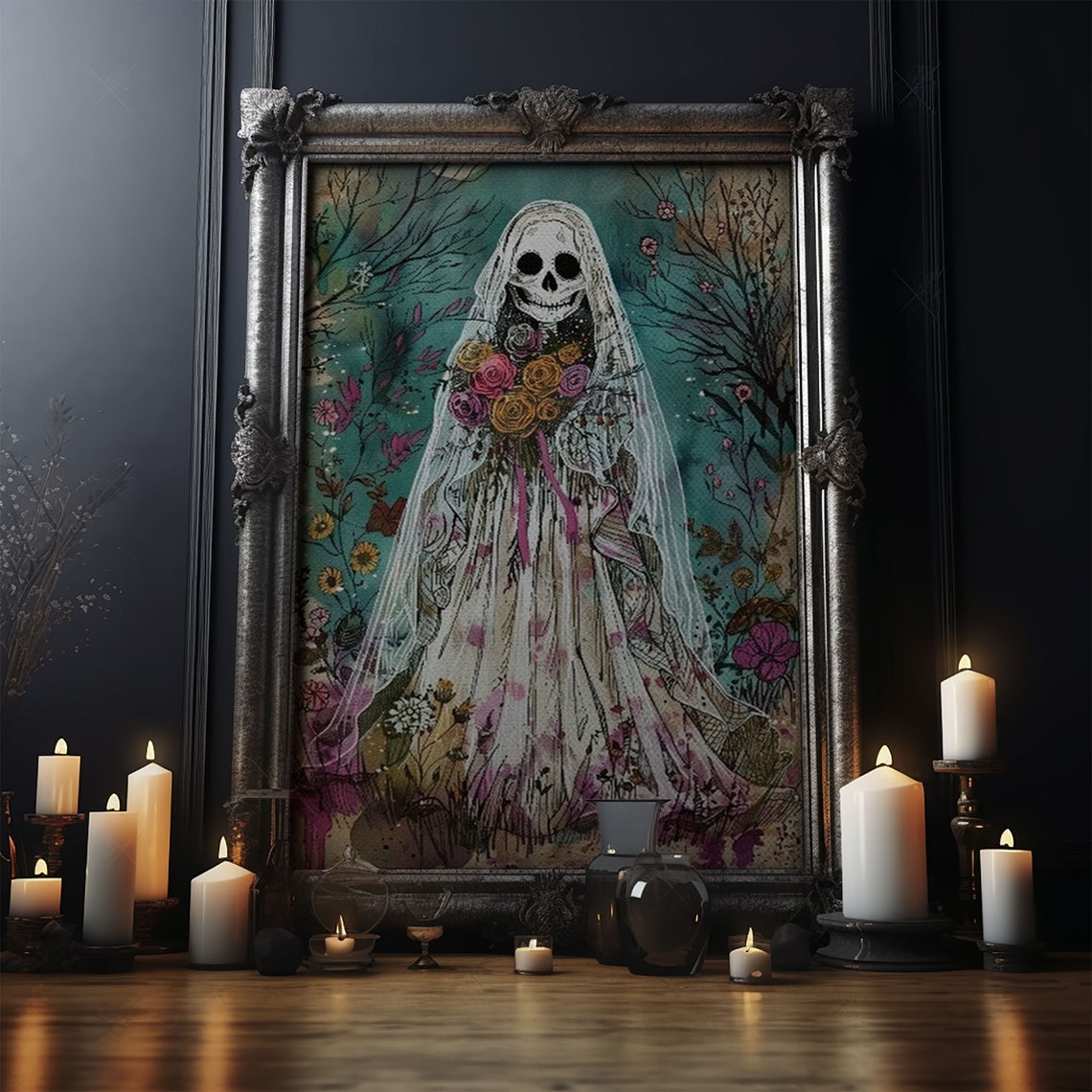 Ghostly Skeleton Bride Veil Roses Botanical Watercolor Art Poster - Image 4