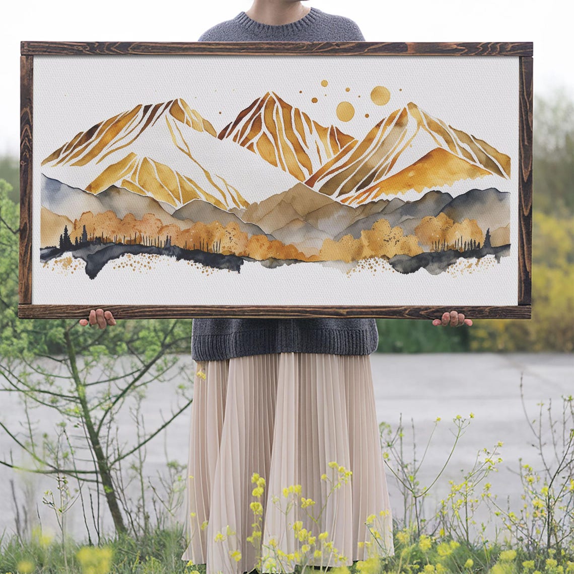 Golden Watercolor Mountain Peaks Minimalist Modern Nature Wall Art - Image 2