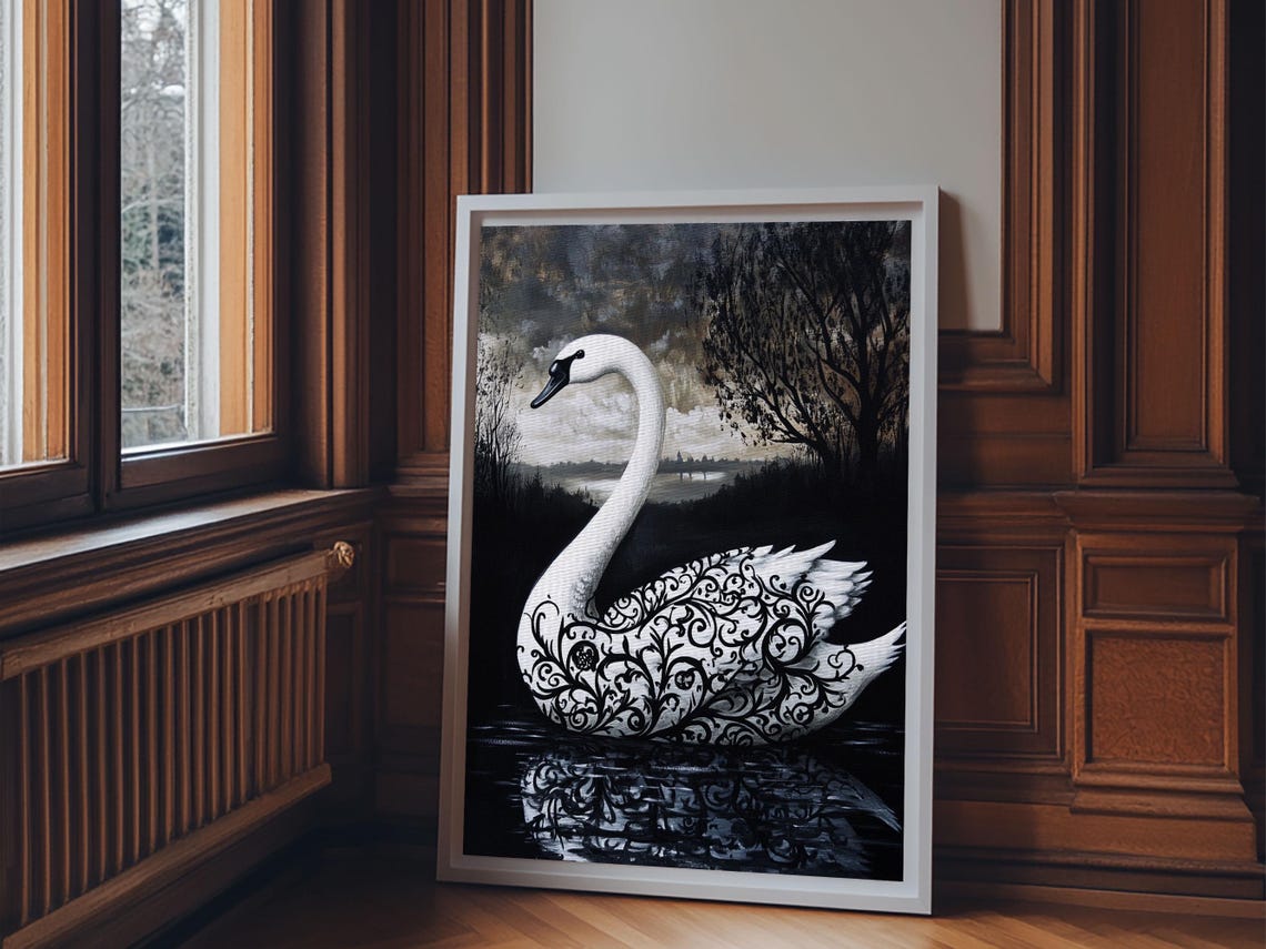 Elegant Gothic Black And White Swan Filigree Moody Lake Art Print - Image 4