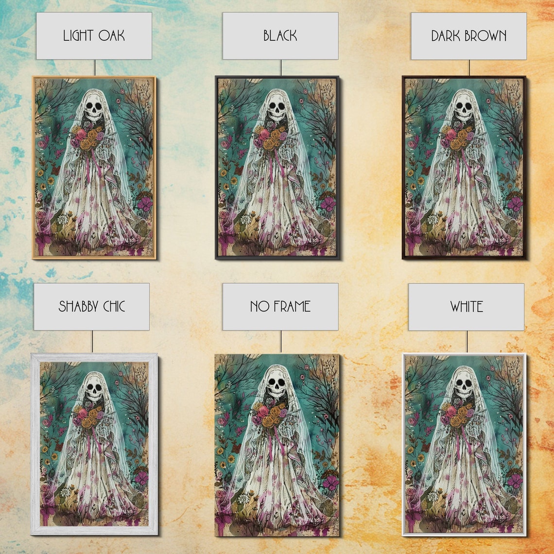 Ghostly Skeleton Bride Veil Roses Botanical Watercolor Art Poster - Image 2