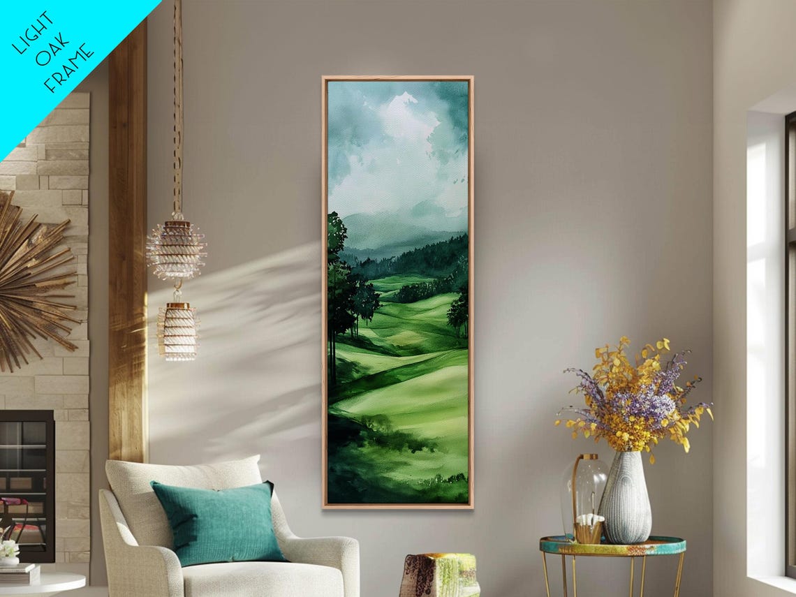 Rolling Green Hills Misty Watercolor Mountain Landscape Wall Poster