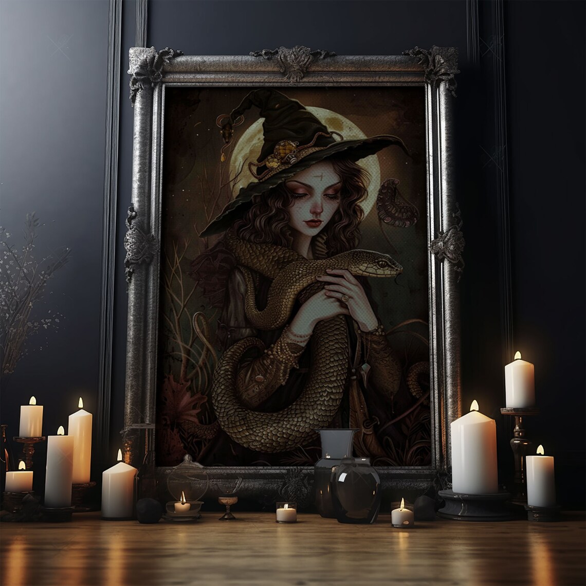 Witch Holding Snake Under Full Moon, Gothic Art Print - Image 5