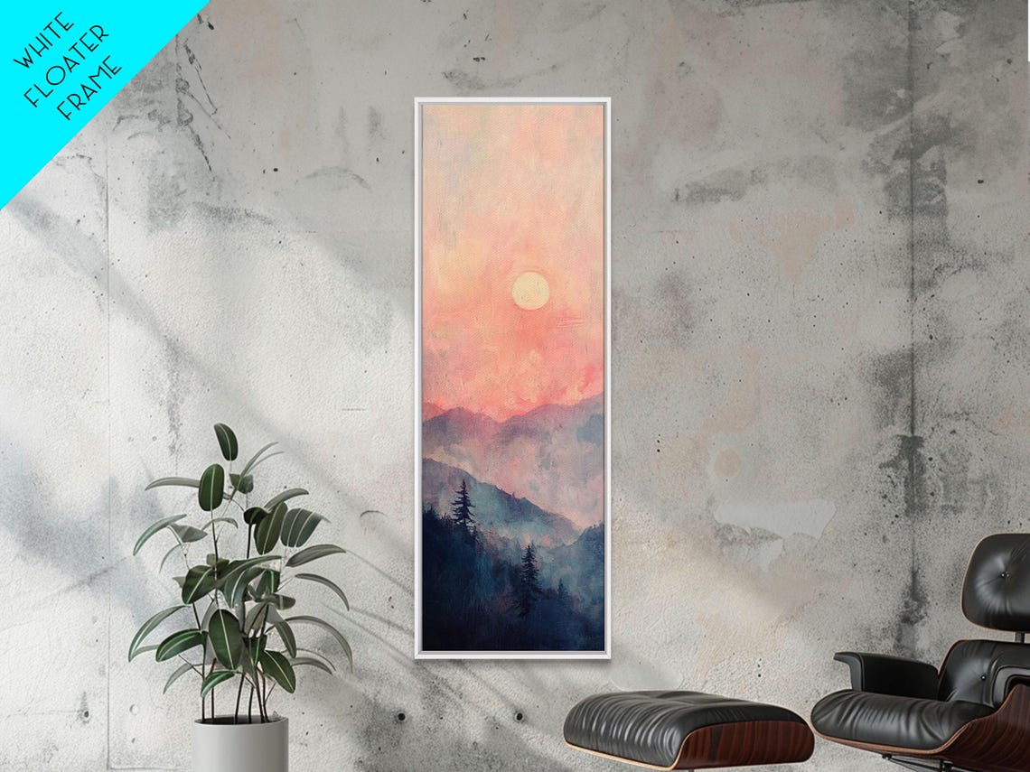 Sunset Over Misty Blue Mountain Ridges Pink Sky Pine Wall Art