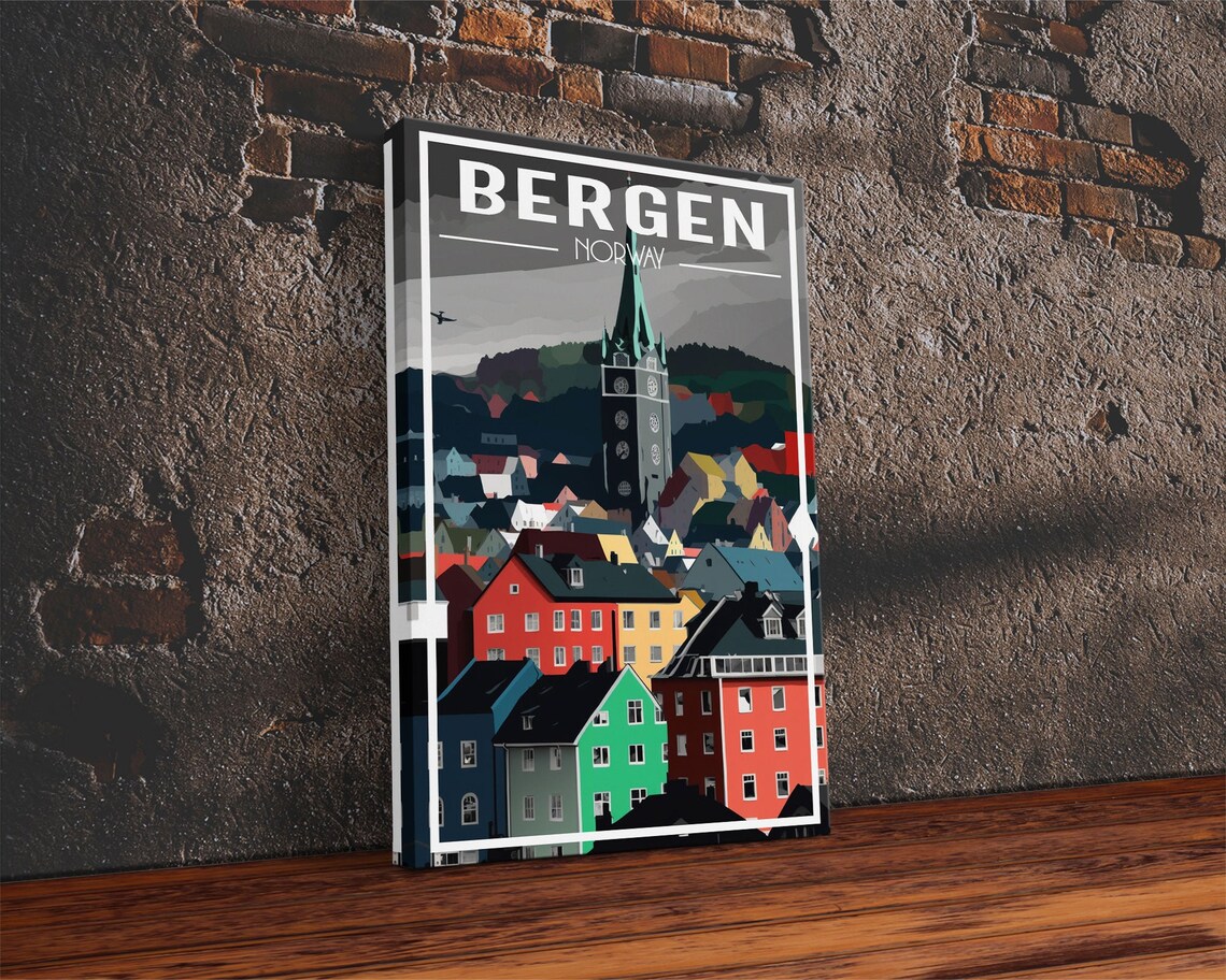 Bergen Norway Colorful Old Town Houses Church Tower Travel Poster - Image 2