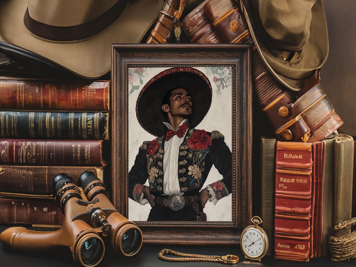 Charro Sombrero Portrait Red Bow Tie Embroidered Suit Mexican Heritage Wall Art - Image 5