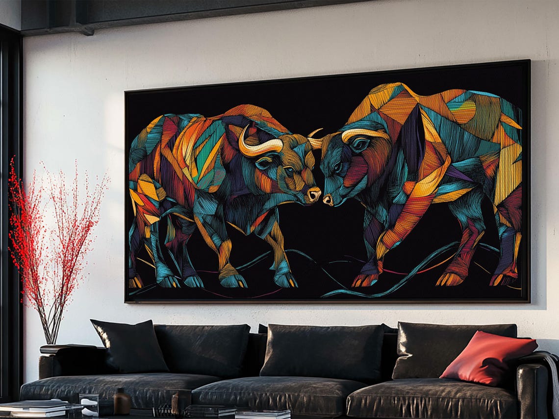 Two Colorful Geometric Bulls Black Background Modern Animal Art Poster - Image 2