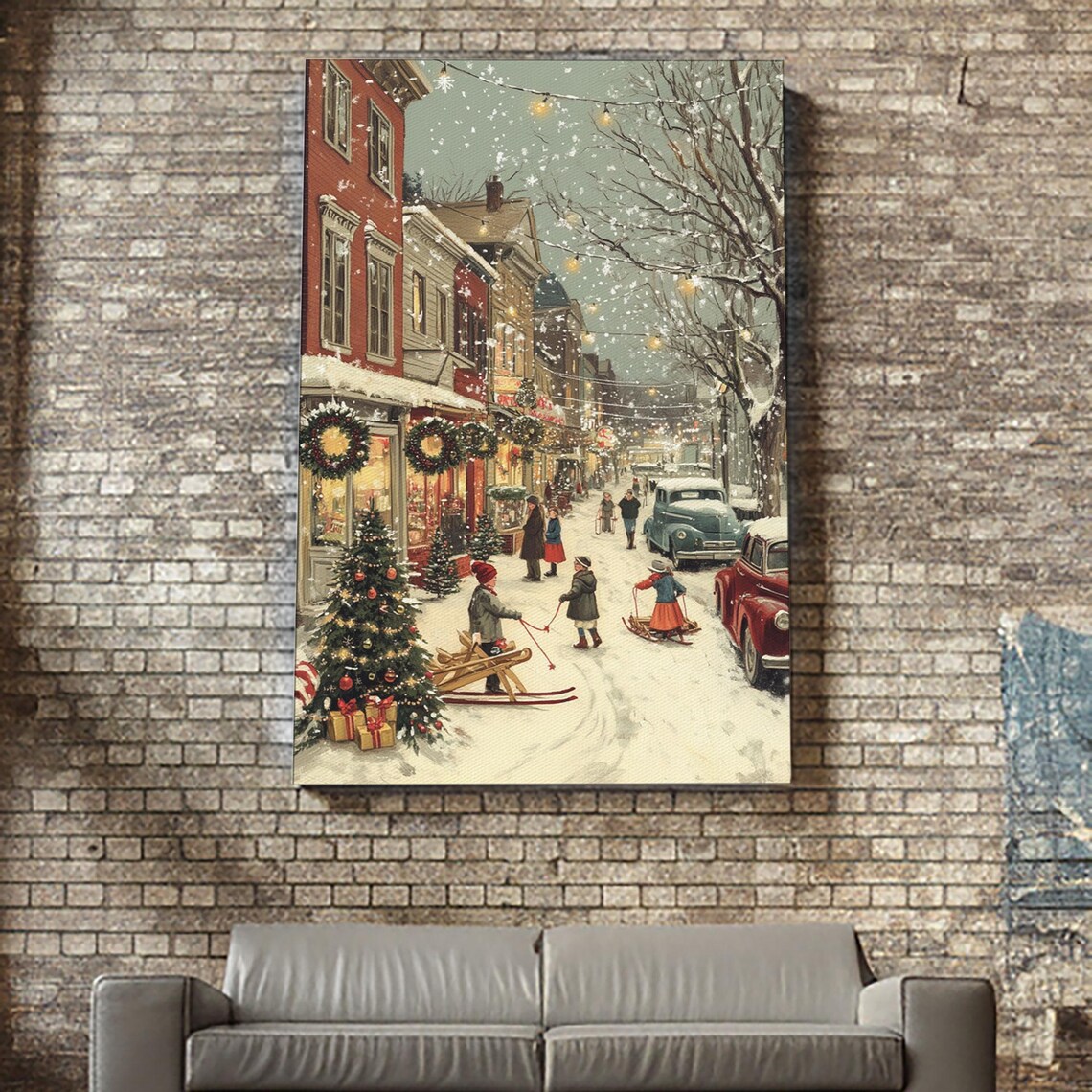 Vintage Christmas Town Scene, Winter Holiday Art Print