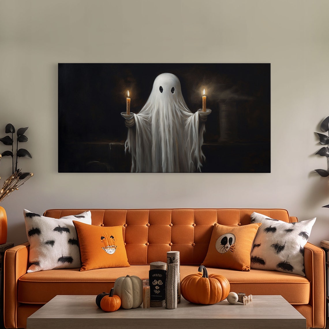 Cute Ghost Holding Two Lit Candles Against Black Background Poster - Image 4