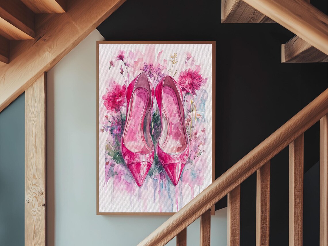 Pink High Heels Floral Watercolor Feminine Fashion Art Print - Image 3