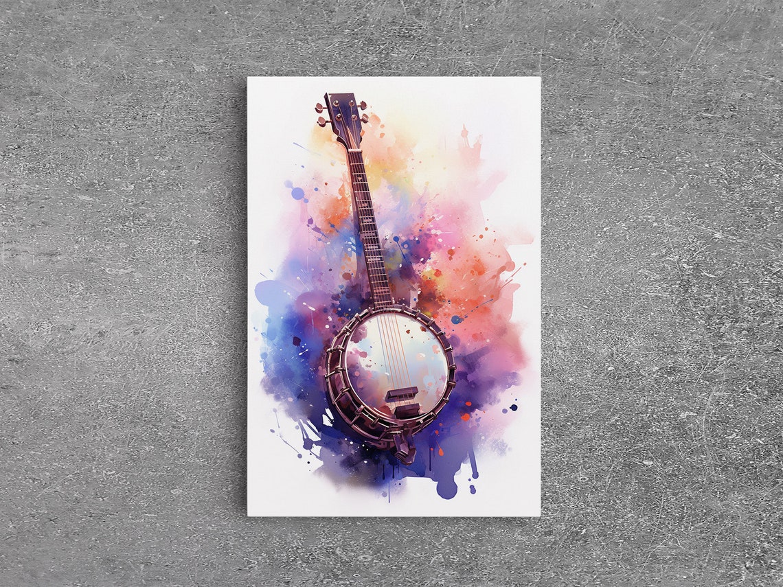 Banjo In Pink Purple Watercolor Splash Country Music Art Wall Poster