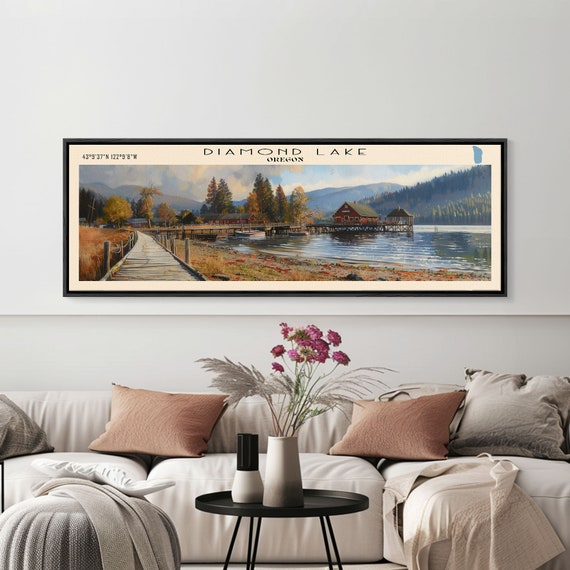 Diamond Lake Oregon Framed Print Lake House Art Panoramic Wall Art Travel Poster Modern Lake Painting Home Decor