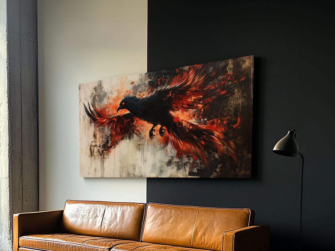 Black Phoenix Rising In Fiery Red Wings Graffiti Style Art Poster