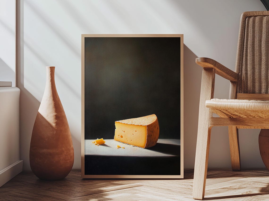 Golden Cheese Wedge Minimalist Still Life Dark Moody Kitchen Wall Art - Image 5