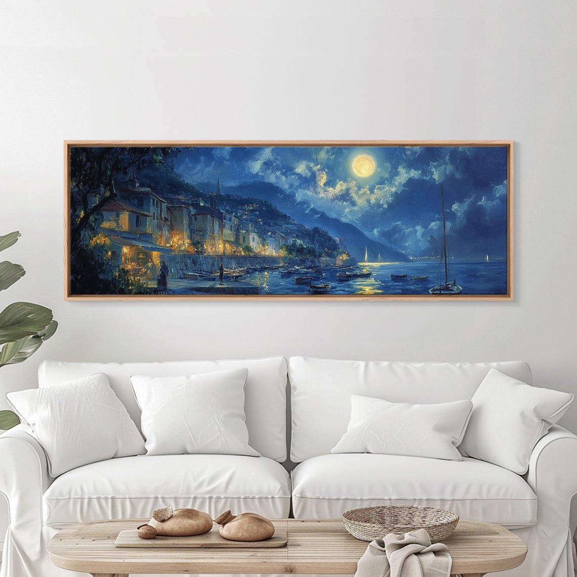 Italian Fishing Village Moonlit Harbor Full Moon Night Seascape Poster - Image 2