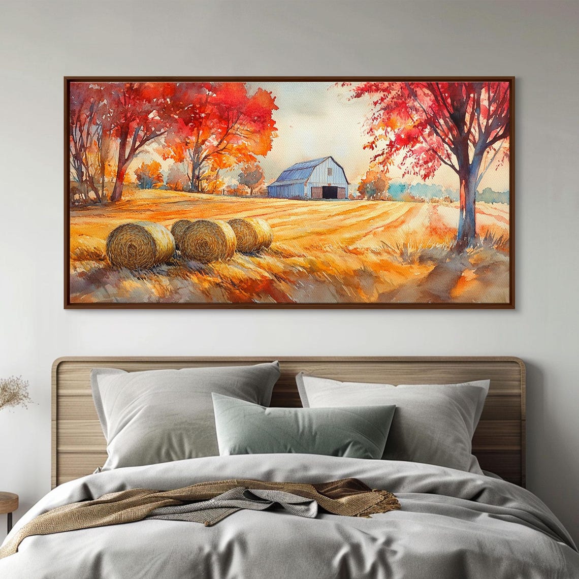 Autumn Farmhouse Barn With Hay Bales Red Maple Trees Art Print - Image 5
