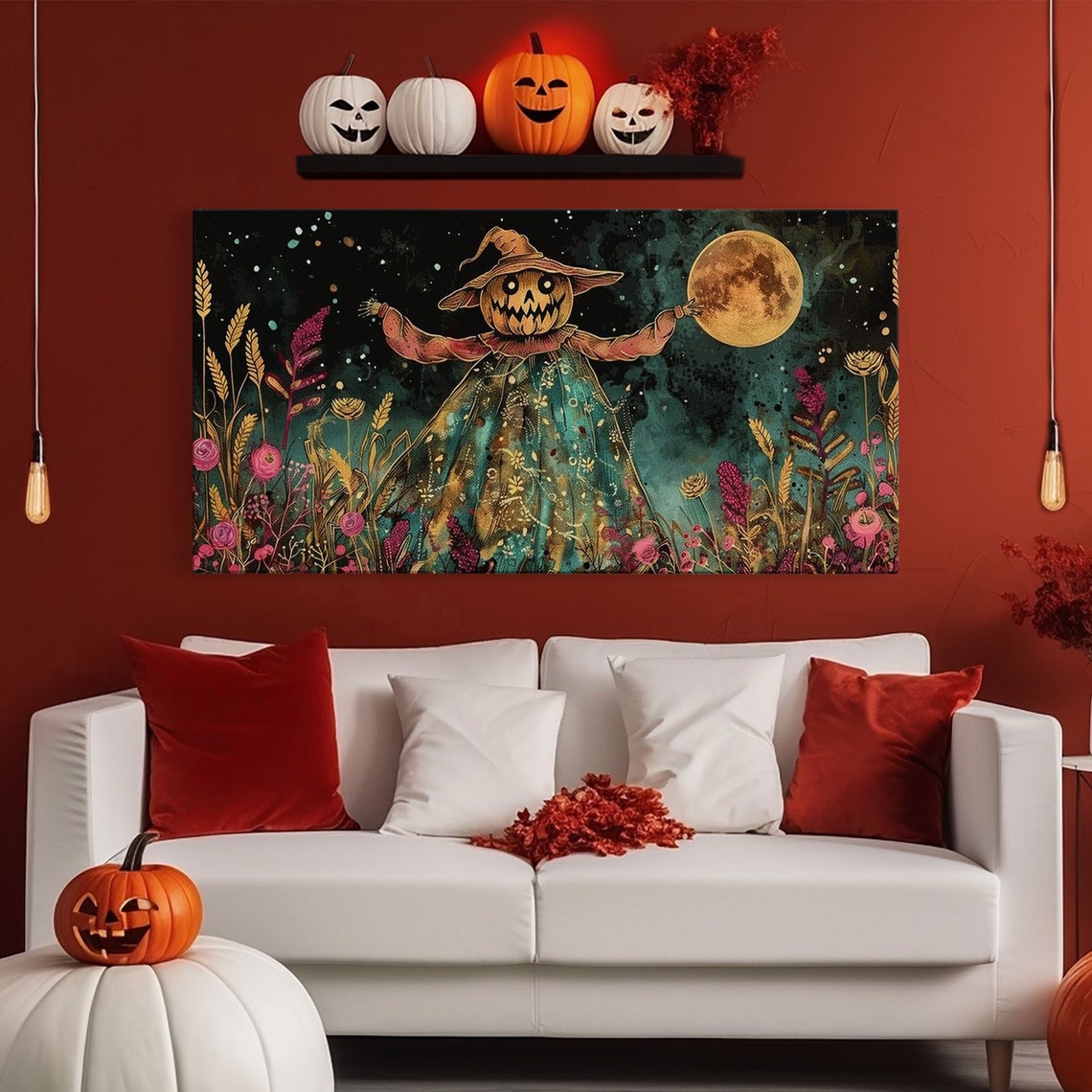 Jack O Lantern Scarecrow In Colorful Night Flower Field Art Print