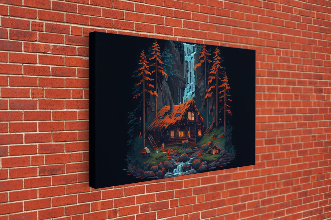 Pixel Art Log Cabin Waterfall Night Forest Cozy 8 Bit Poster - Image 3