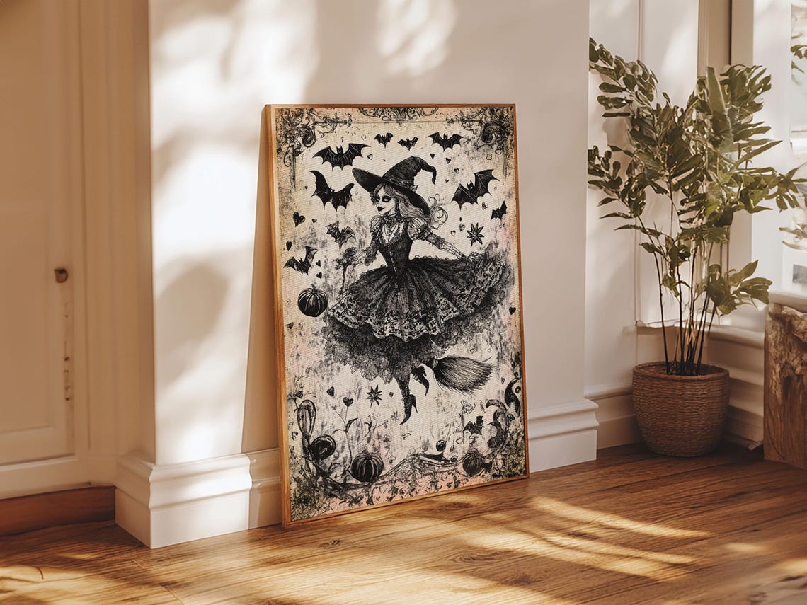 Vintage Witch With Bats Storybook Gothic Halloween Art Print - Image 5