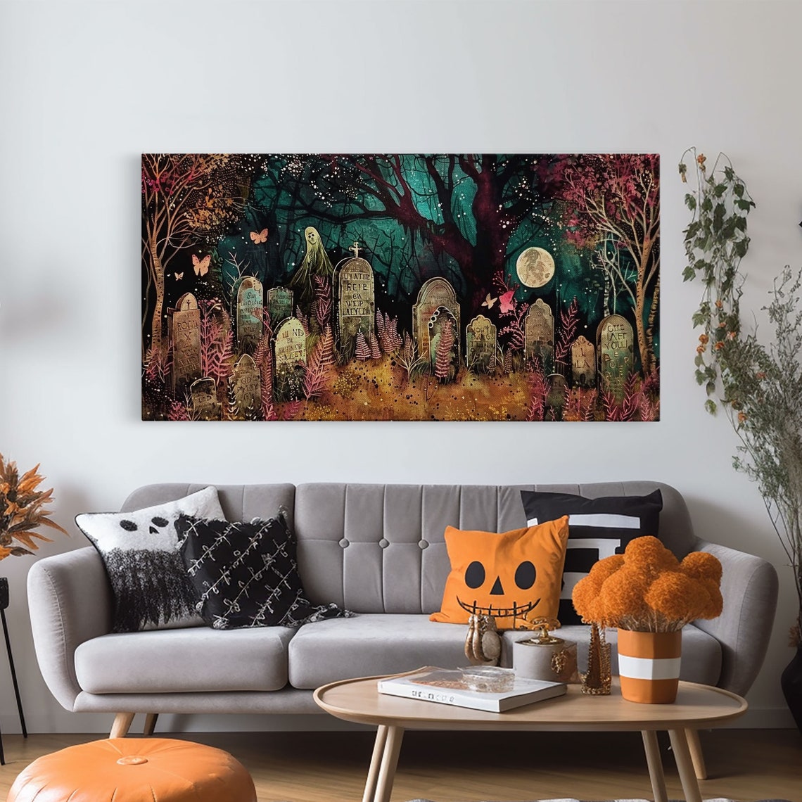 Colorful Haunted Graveyard At Night Spooky Season Halloween Art Print - Image 6