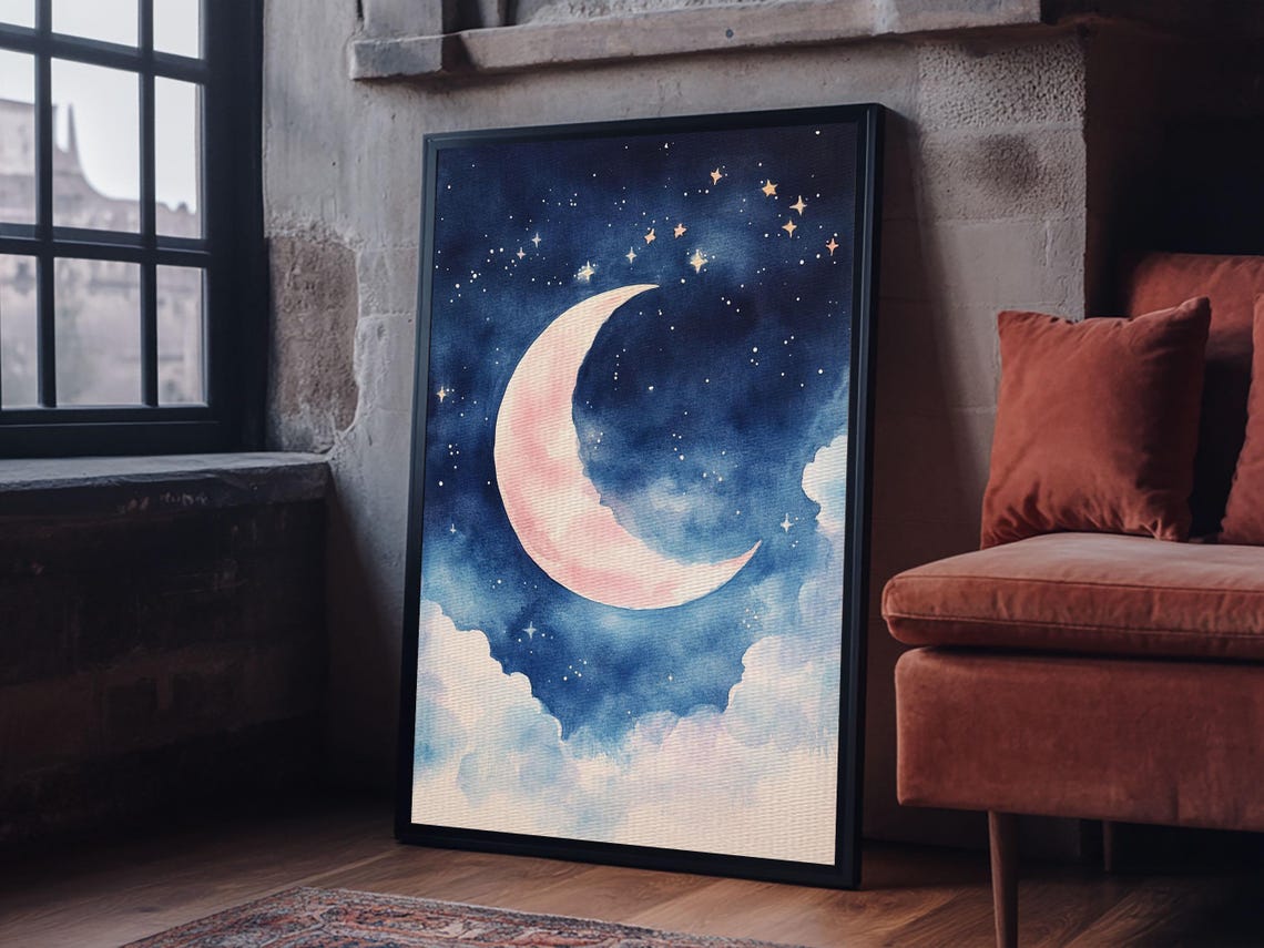 Pink Crescent Moon Watercolor Print Starry Night Sky Wall Art Poster - Image 3