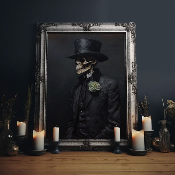 Dapper Gentleman Skeleton Halloween Art Print, Goth