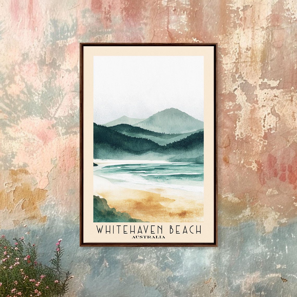 Whitehaven Beach Australia Misty Mountain Coast Watercolor Poster - Image 4