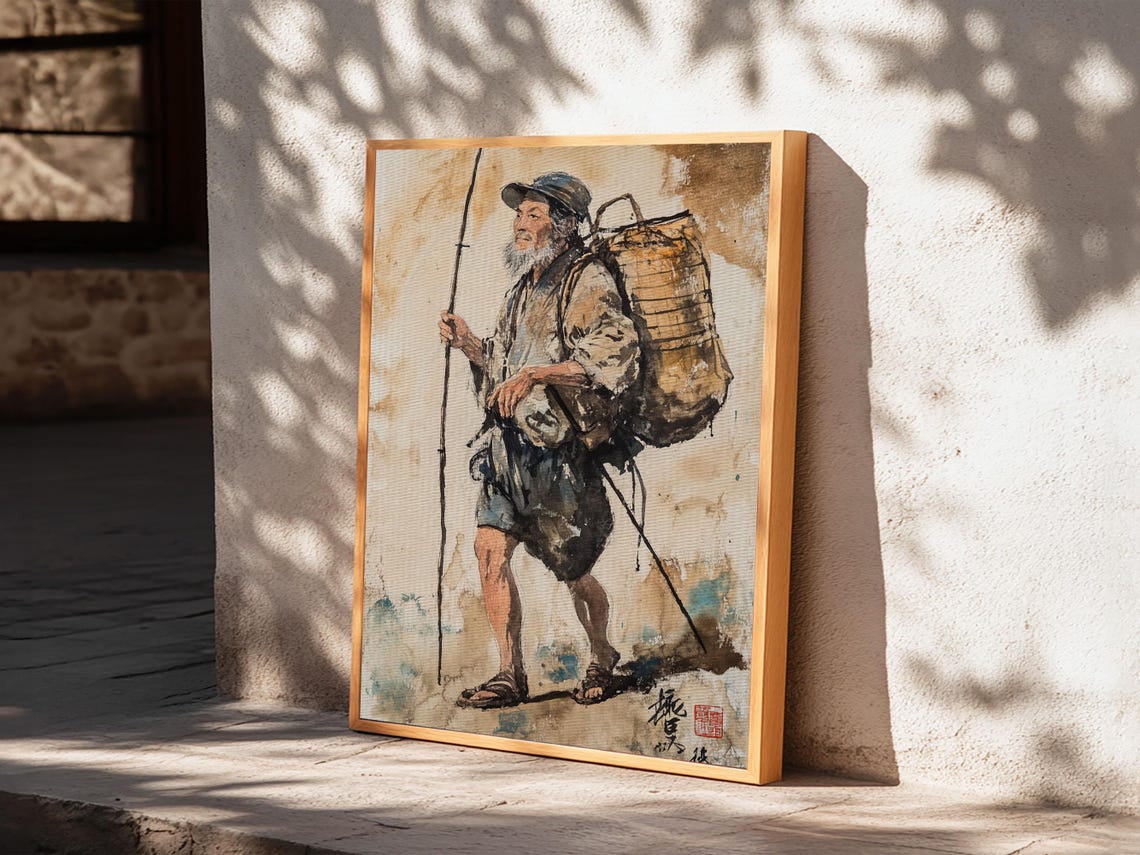 Elderly Japanese Fisherman With Basket Watercolor Portrait Art Print - Image 4