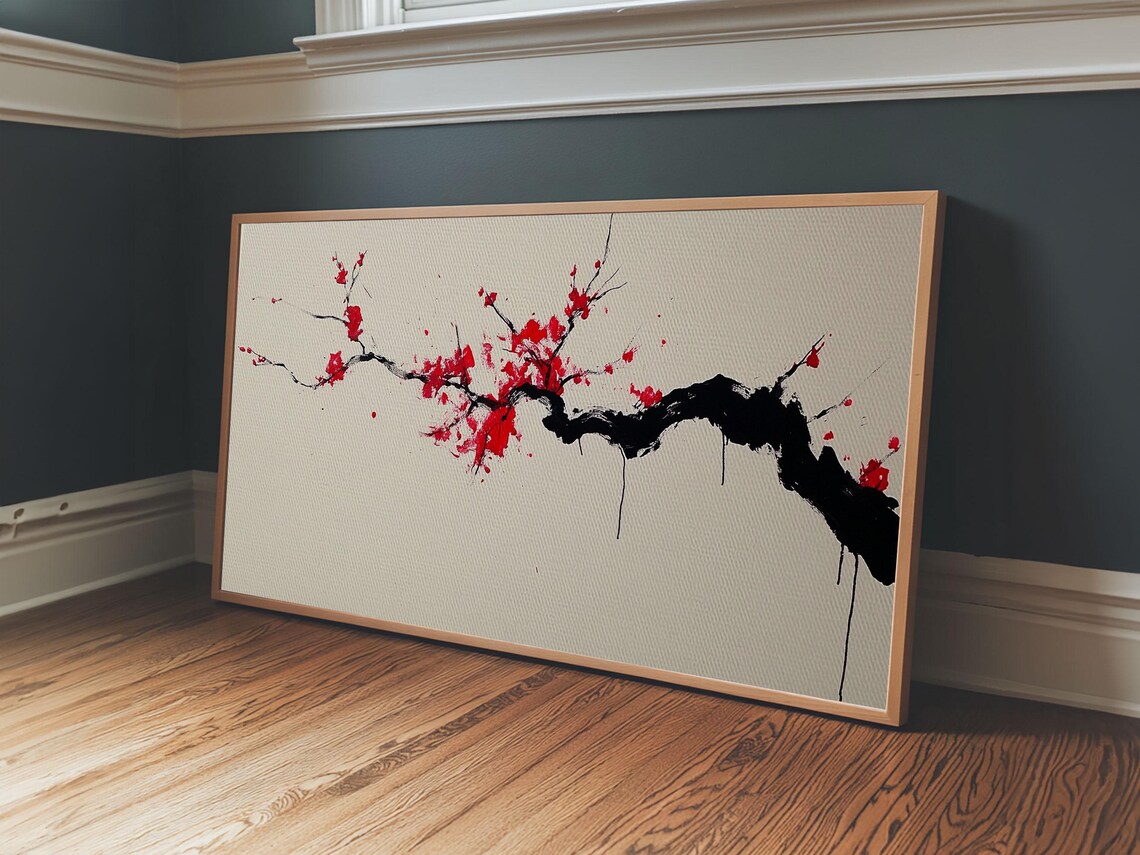 Cherry Blossom Branch Ink Painting Red Blooms Japanese Sumi Art Print - Image 6