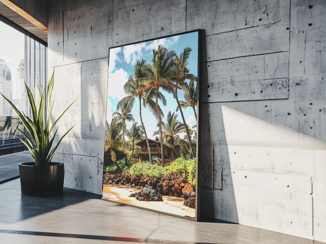 Tropical Beach House Print Hawaii Art Coastal Landscape Rustic Nautical Decor Seaside Living Room Framed Wall Art - Image 5