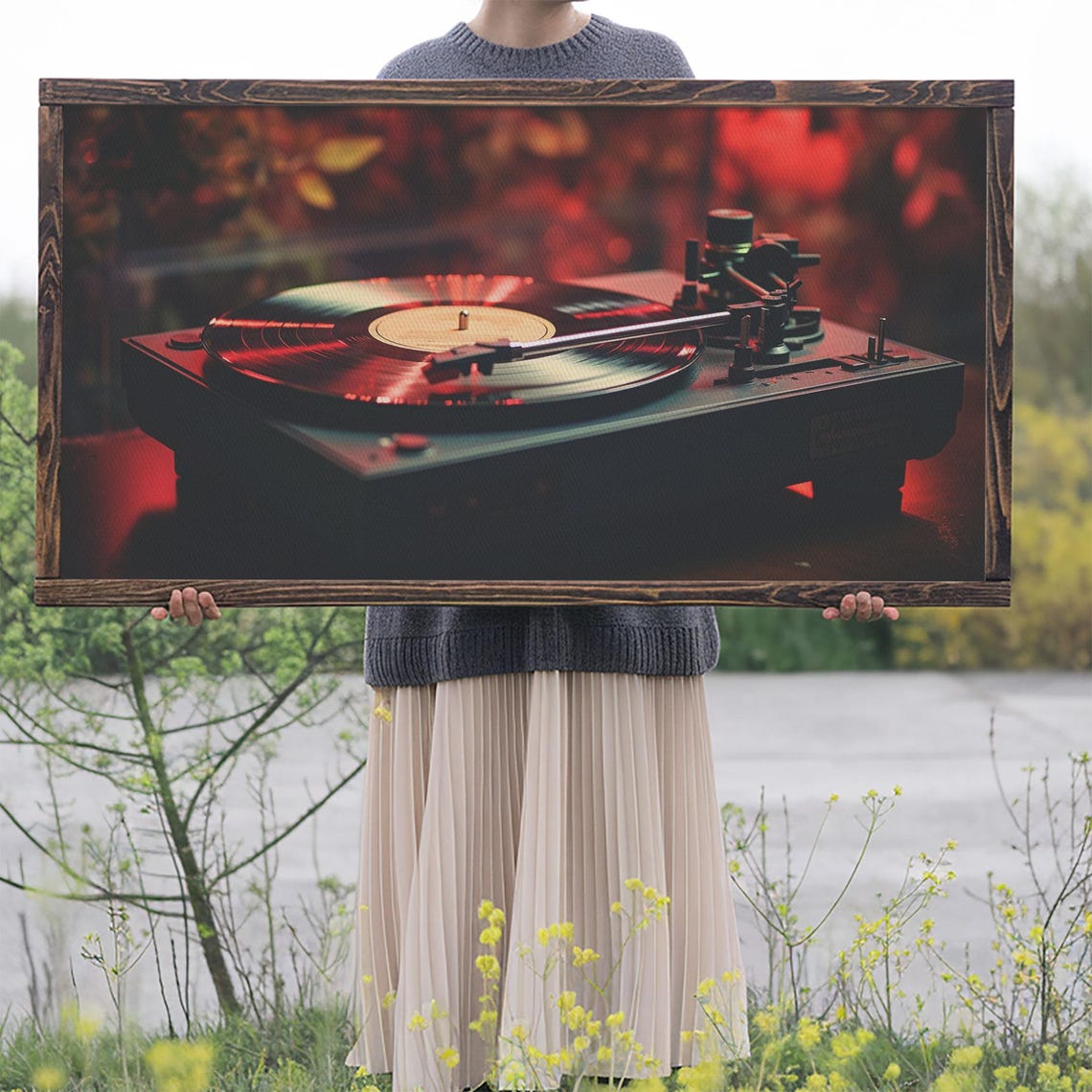 Vintage Vinyl Record Player Warm Red Glow Moody Turntable Music Poster - Image 2