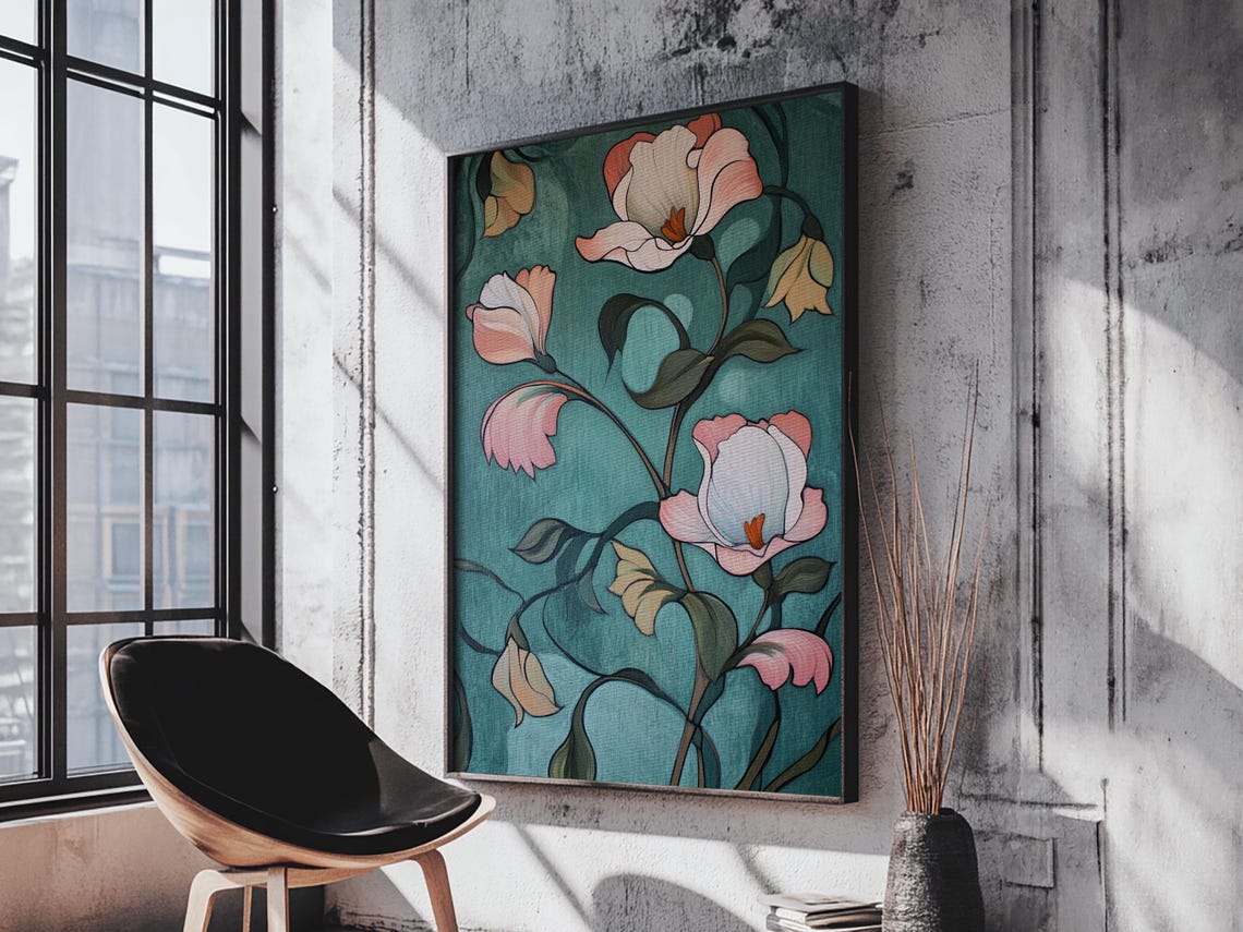 Pink Roses Teal Background Botanical Floral Elegant Wall Art Poster - Image 6
