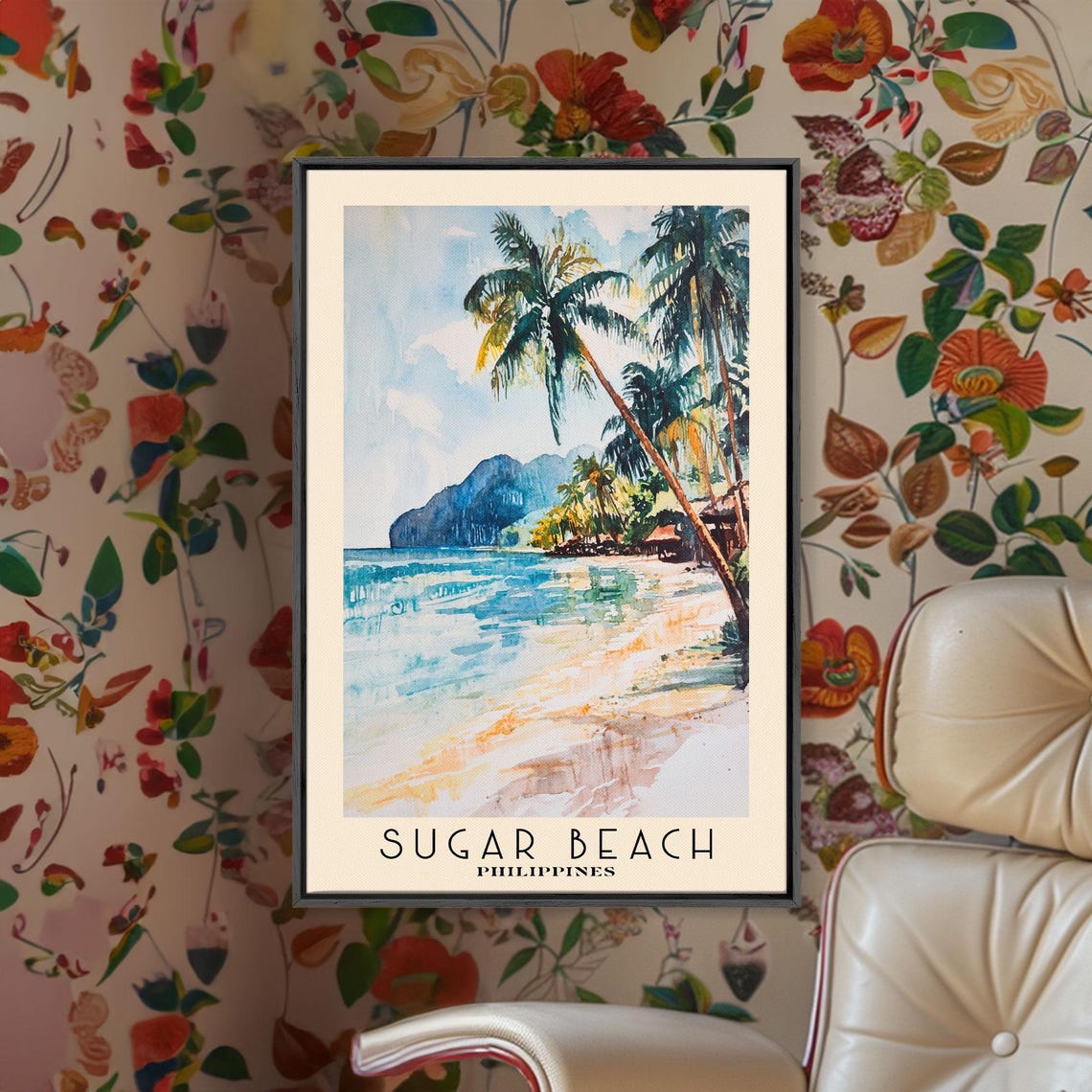 Sugar Beach Philippines Coconut Palms Tropical Shore Watercolor Poster