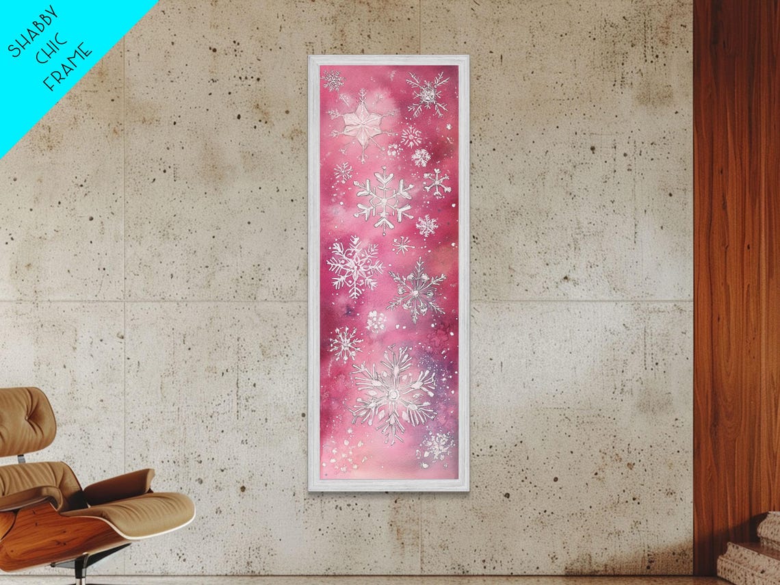 Pink Snowflake Watercolor Painting White Winter Snow Vertical Wall Art - Image 6