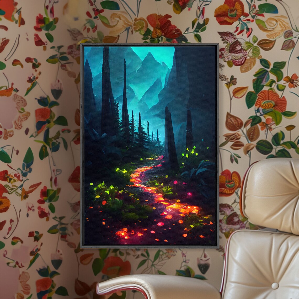 Luminescent Magical Forest Print Glowing Trail Though The Trees Fantasy Art Gloomy Wall Art Dark Decor - Image 4