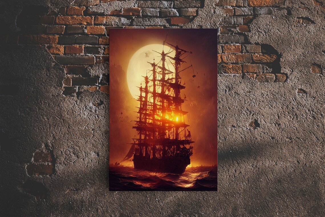 Ghost Ship and Full Moon Spooky Pirate Ship Art Print