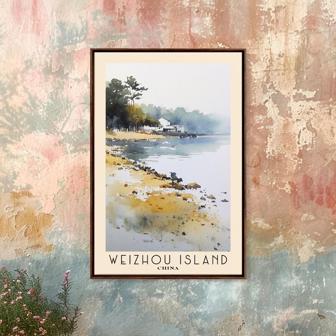 Weizhou Island China Sandy Shore Fishing Village Watercolor Poster - Image 4