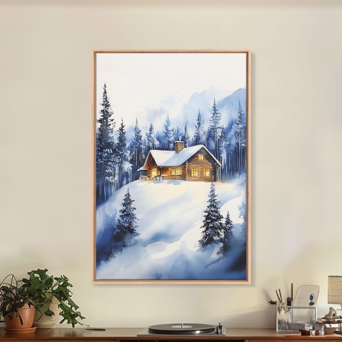 Winter Wonderland Log Cabin Snowy Pines Glowing Watercolor Wall Art - Image 2