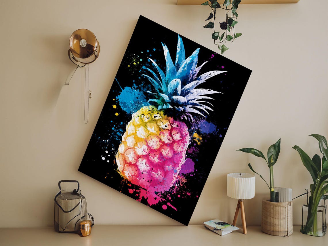 Neon Pineapple Watercolor Black Background Pop Art Kitchen Poster - Image 6