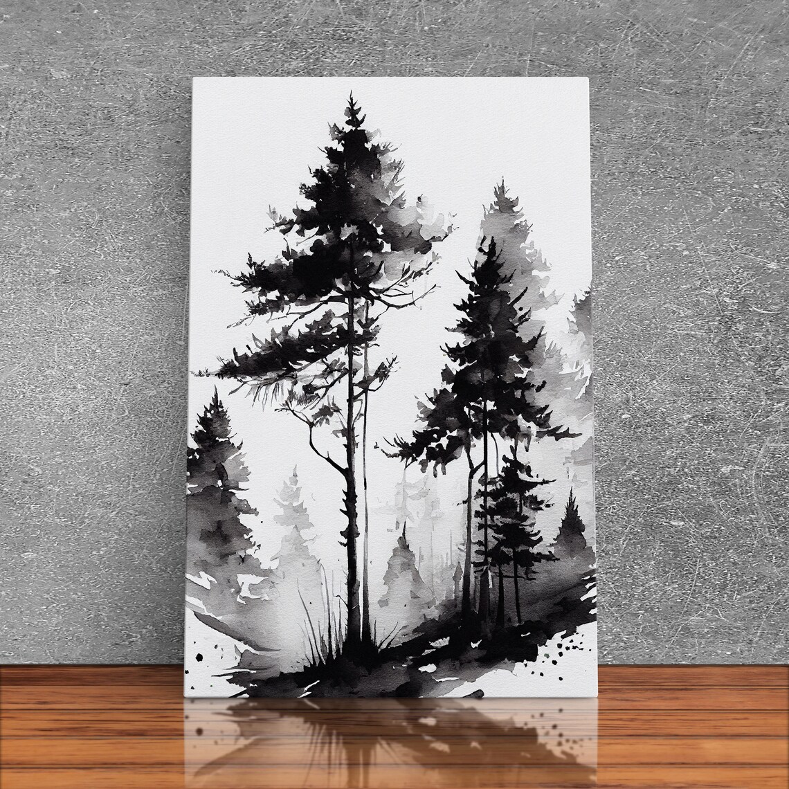 Black and White Pine Tree Forest Watercolor Art Print - Image 3