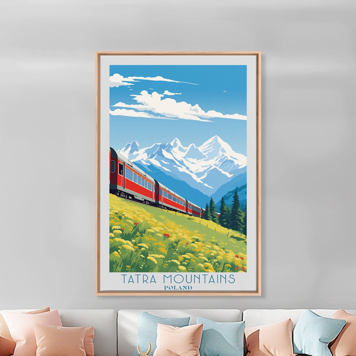 Tatra Mountains Poland Red Train Flower Meadow Snow Peaks Travel Poster - Image 3