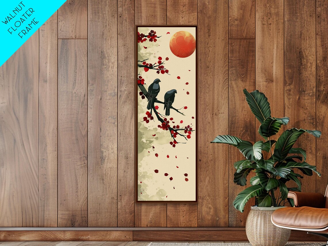 Two Blackbirds Red Berries Branch Big Red Sun Japanese Poster - Image 3