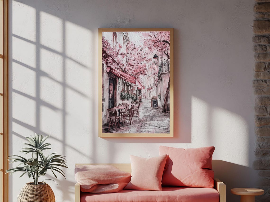 Paris Street Cafe Cherry Blossom Watercolor Print France Travel Poster