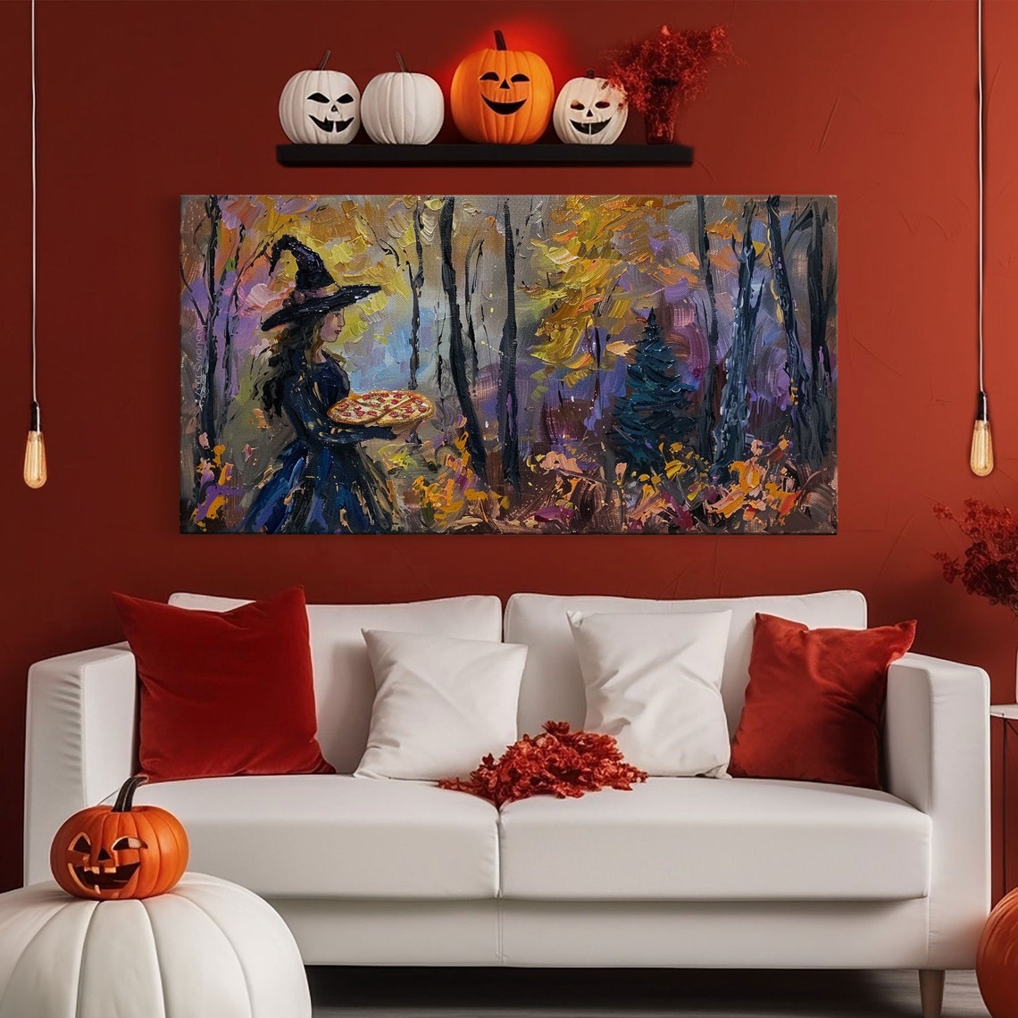 Witch Having Pizza Party In Autumn Haunted Forest Funny Art Print - Image 6