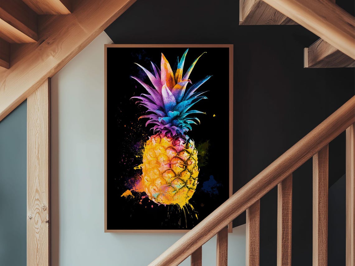 Neon Pineapple Watercolor On Black Background Tropical Wall Art Print - Image 5
