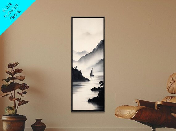 Black White Ink Misty Mountains Sailboat Lake Zen Minimalist Vertical Poster