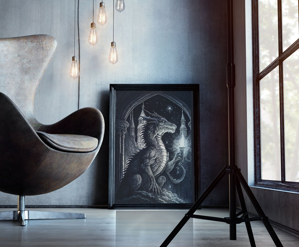 Dragon Holding A Torch, Black And White Poster Art - Image 5