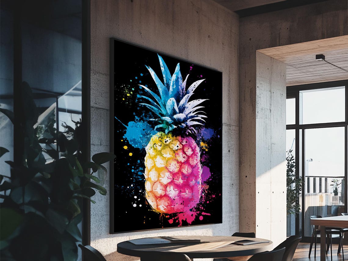 Neon Pineapple Watercolor Black Background Pop Art Kitchen Poster - Image 4
