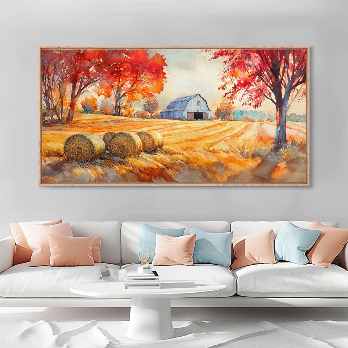 Autumn Farmhouse Barn With Hay Bales Red Maple Trees Art Print - Image 3